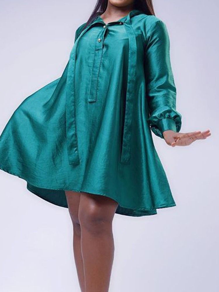 Vestido Feminino De Manga Comprida Com Botão Acima Do Joelho Liso Em Linha A