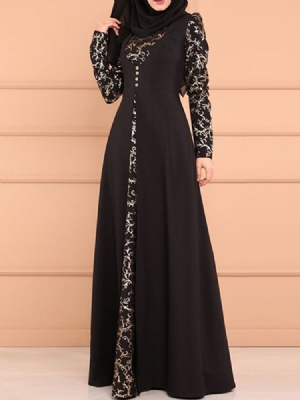 Vestido Feminino De Manga Comprida Com Botão Até O Chão Normal Em Linha A