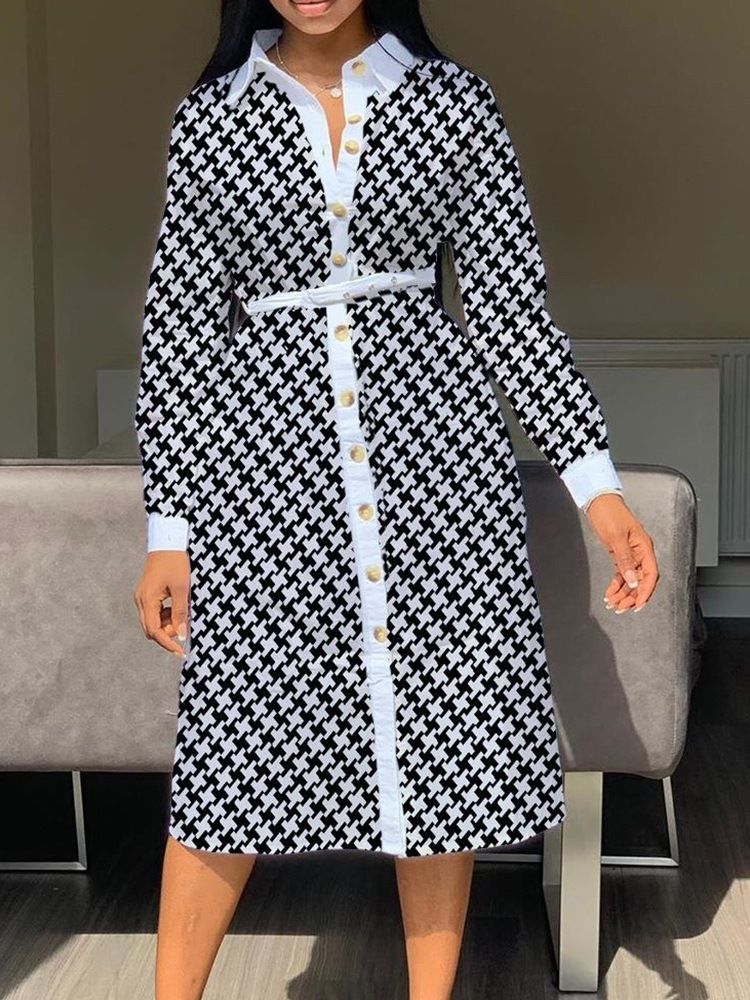 Vestido Feminino De Manga Comprida Com Botão Na Panturrilha Média Regular