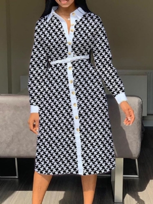 Vestido Feminino De Manga Comprida Com Botão Na Panturrilha Média Regular