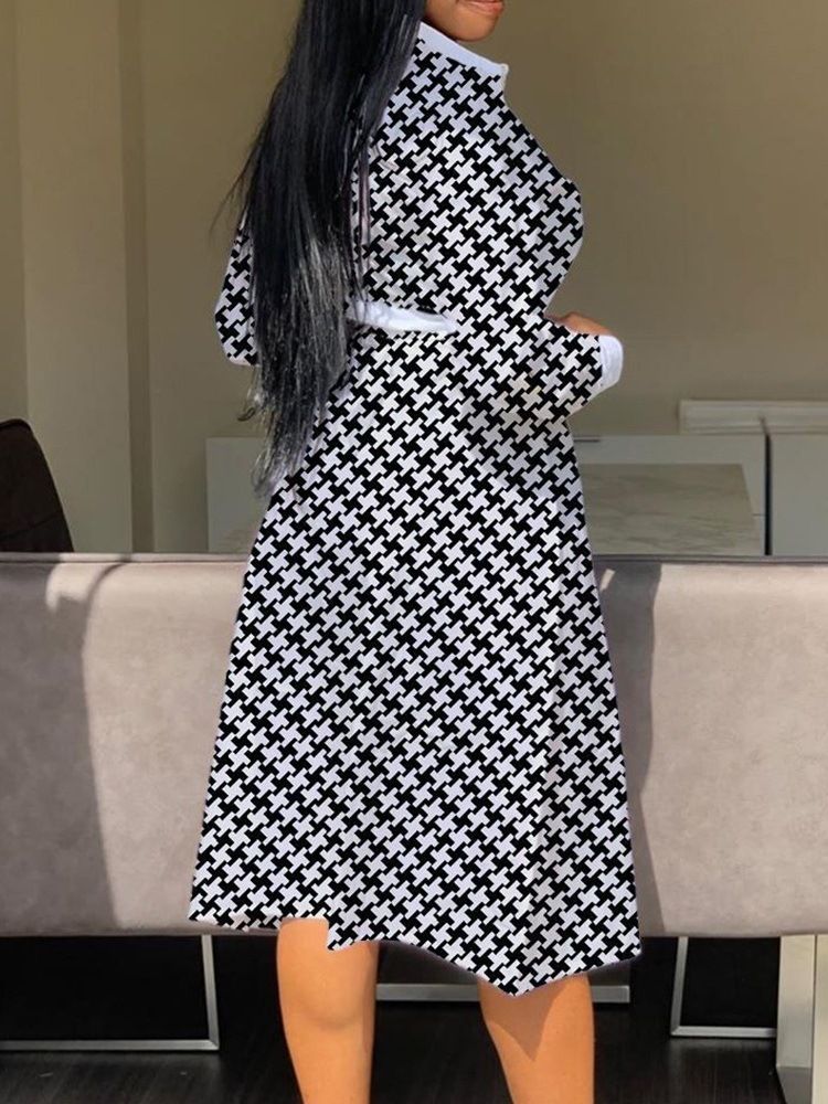 Vestido Feminino De Manga Comprida Com Botão Na Panturrilha Média Regular