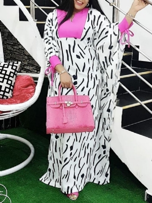 Vestido Feminino De Manga Comprida Em Patchwork De Cintura Alta Até O Chão