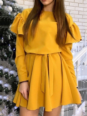 Vestido Feminino De Manga Comprida Em Volta Do Pescoço Patchwork Outono