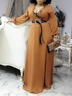 Vestido Feminino De Manga Comprida Estampado Até O Chão Em Leopardo De Cintura Alta