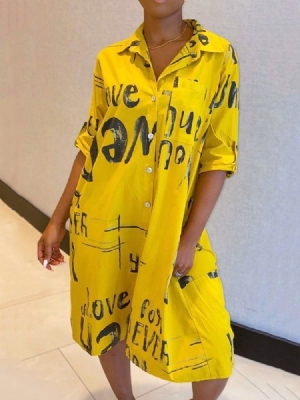 Vestido Feminino De Manga Comprida Estampado Médio Da Panturrilha Com Peito Único Em Linha A