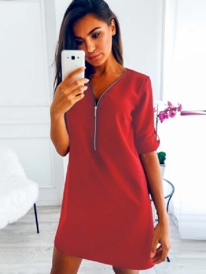 Vestido Feminino De Manga Comprida Na Altura Do Joelho Com Decote Em V Pulôver Casual