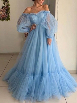 Vestido Feminino De Manga Comprida Sem Ombro Até O Chão Liso Manga Comprida Tipo Lanterna