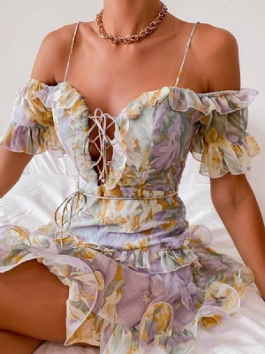 Vestido Feminino De Manga Curta Acima Do Joelho Estampado Floral Pullover