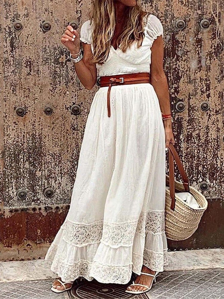 Vestido Feminino De Manga Curta Com Decote Em V Até O Chão Vestido Maxi Fashion