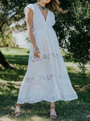 Vestido Feminino De Manga Curta Com Decote Em V De Renda Oco Em Linha A