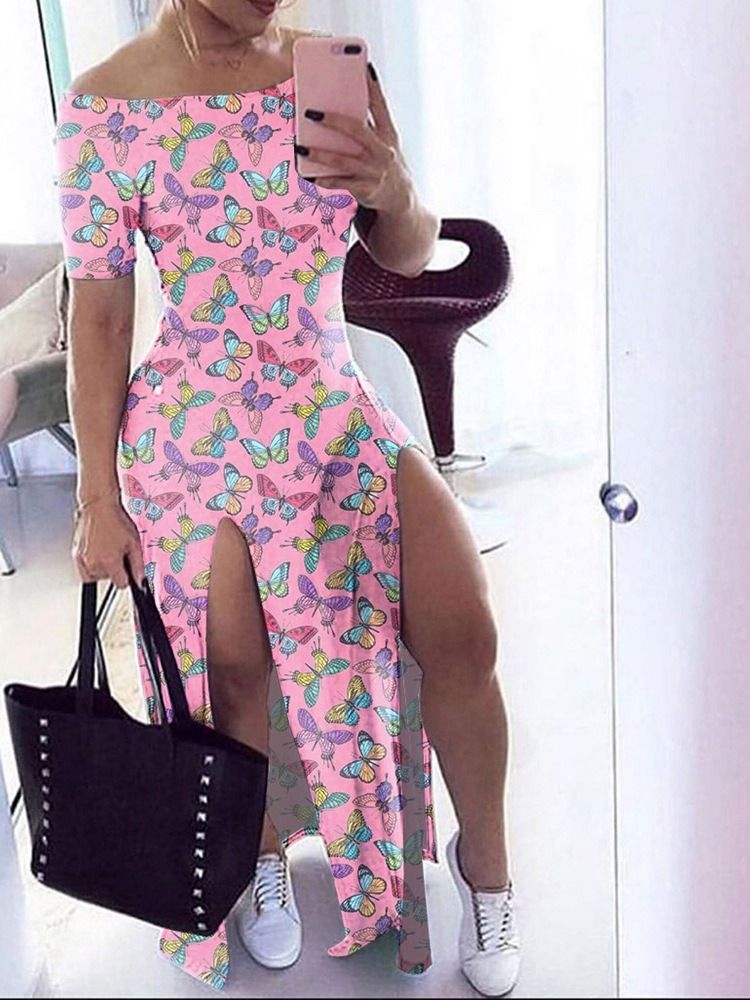 Vestido Feminino De Manga Curta Com Ombro Frio Até O Chão Dividido