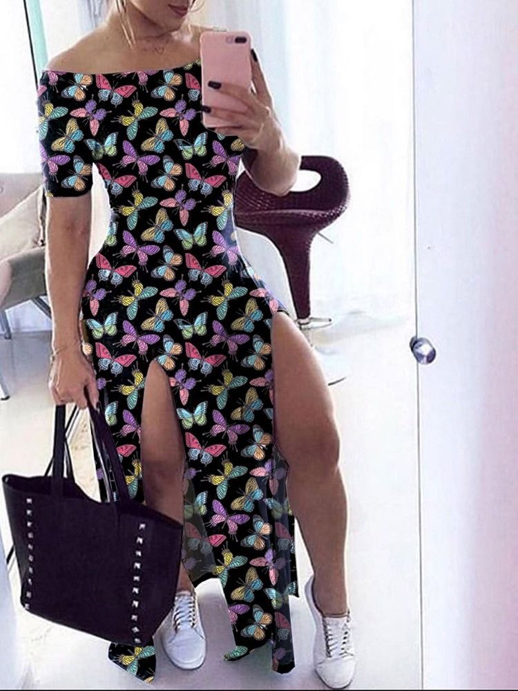 Vestido Feminino De Manga Curta Com Ombro Frio Até O Chão Dividido