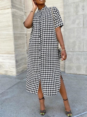 Vestido Feminino De Manga Curta Estampado Meio Panturrilha Houndstooth