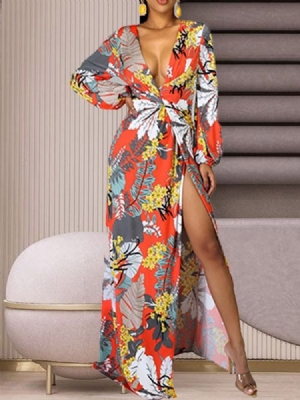 Vestido Feminino De Manga Longa Com Lanterna Até O Chão E Floral