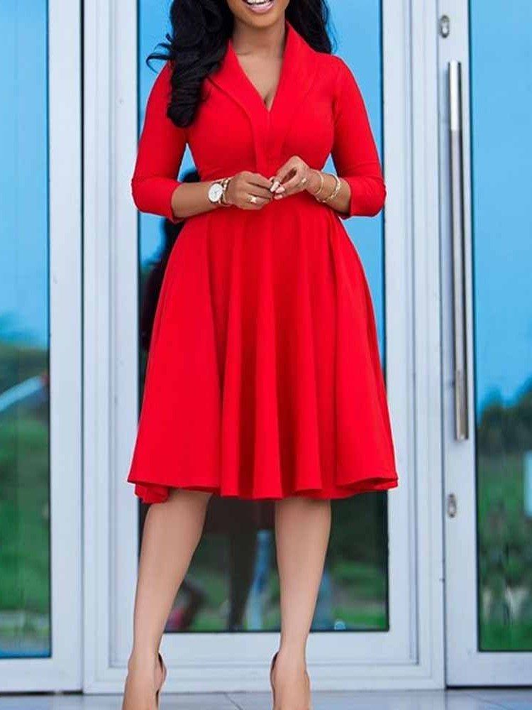 Vestido Feminino De Meia Canela Com Decote Em V Manga Três Quartos Simples De Cintura Alta