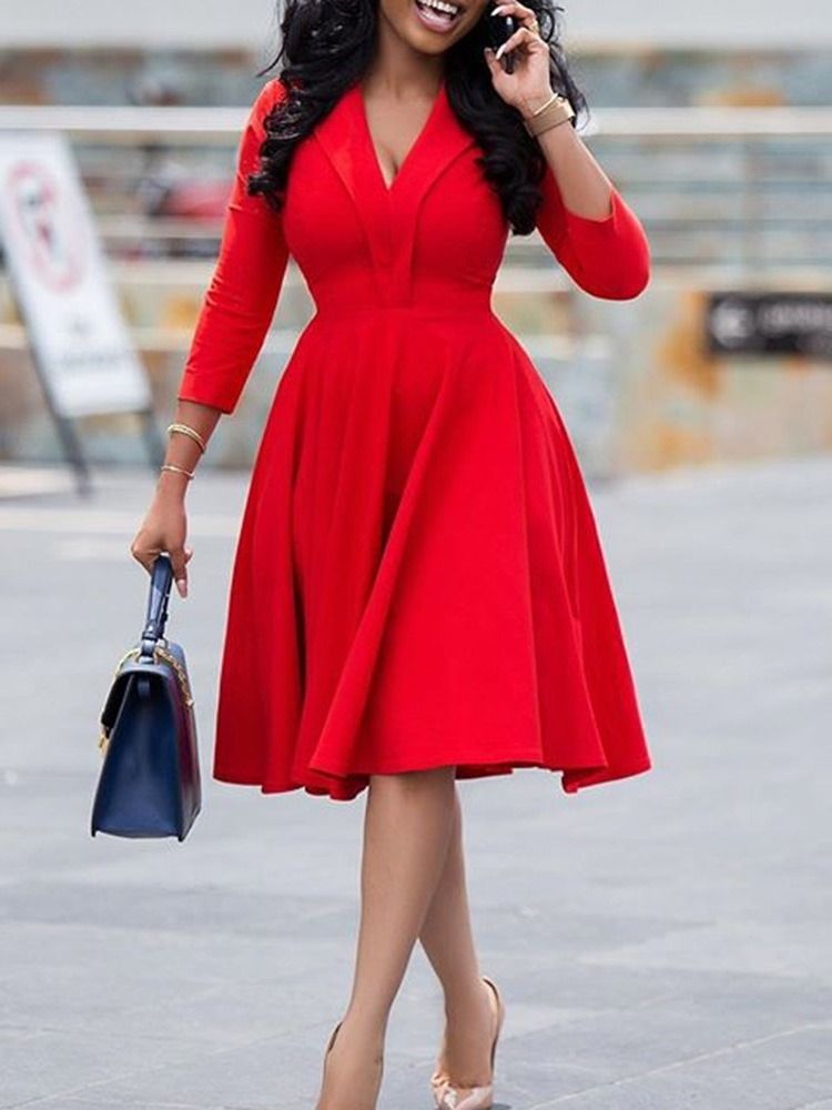 Vestido Feminino De Meia Canela Com Decote Em V Manga Três Quartos Simples De Cintura Alta