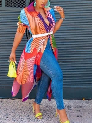 Vestido Feminino Meia Manga Estampada Meia Manga Colorida Bloco De Peito Único