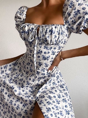 Vestido Feminino Na Altura Do Tornozelo Decote Quadrado Dividido Em Linha A