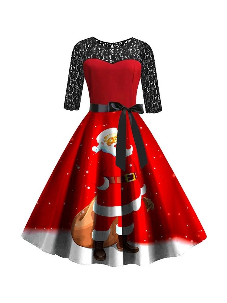 Vestido Feminino De Natal Com Meia Manga Meia Panturrilha De Renda E Pulôver De Verão