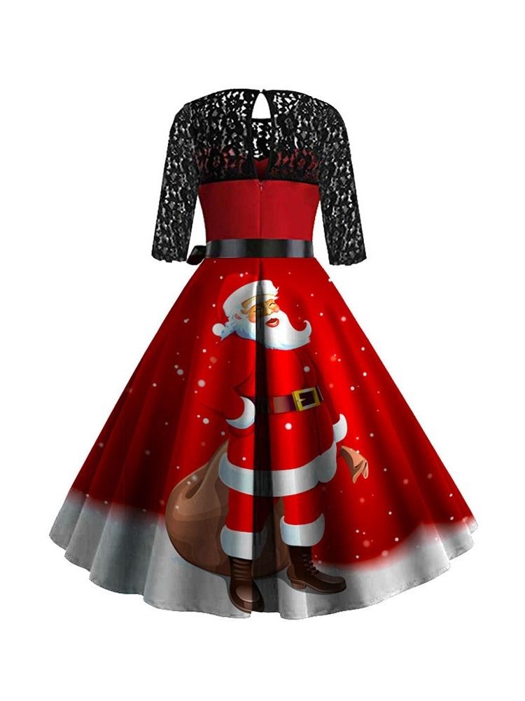 Vestido Feminino De Natal Com Meia Manga Meia Panturrilha De Renda E Pulôver De Verão
