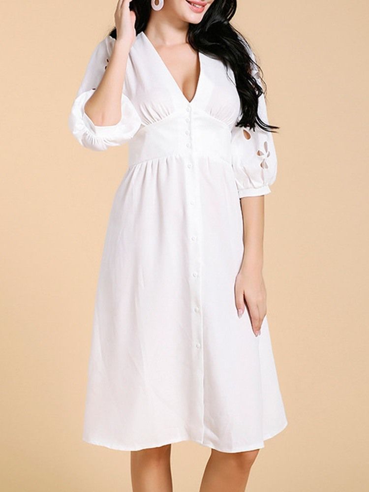 Vestido Feminino Oco Na Altura Do Joelho Com Decote Em V Liso Em Linha A