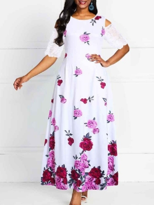 Vestido Feminino De Ombro Frio Na Altura Do Tornozelo Meia Manga Patchwork De Expansão Floral