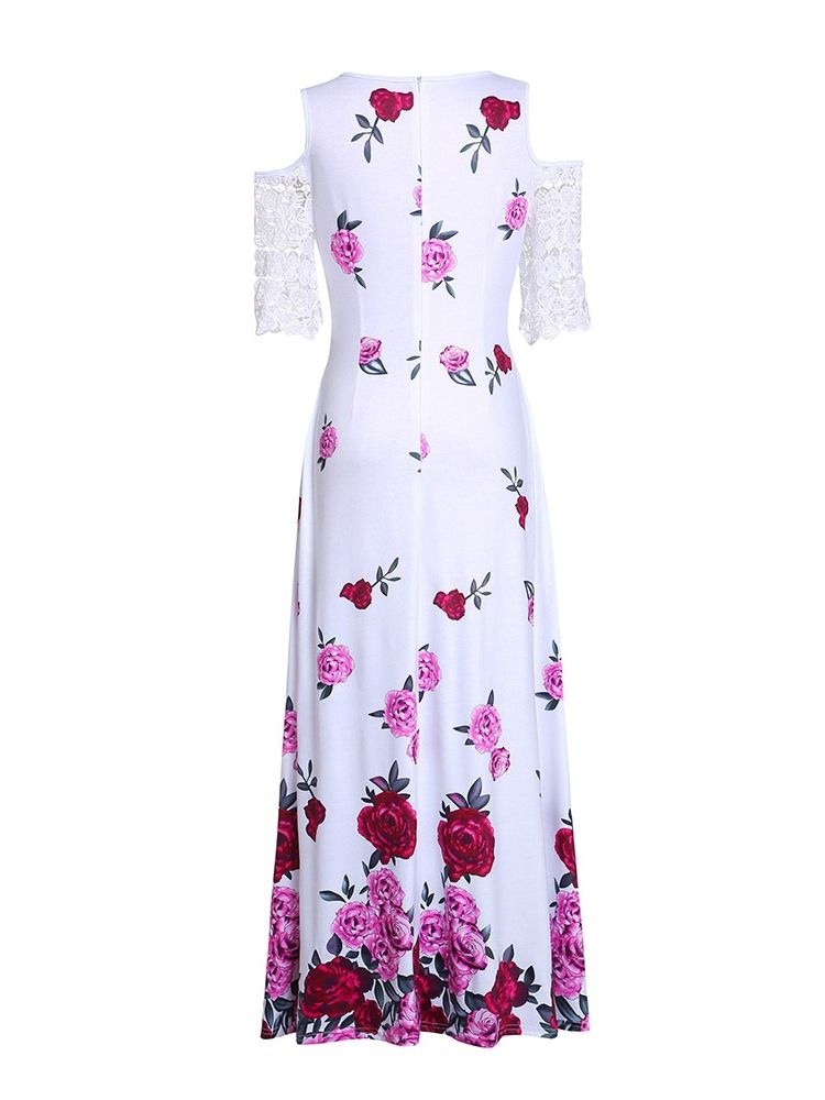 Vestido Feminino De Ombro Frio Na Altura Do Tornozelo Meia Manga Patchwork De Expansão Floral