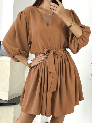 Vestido Feminino Patchwork Acima Do Joelho Com Decote Em V Liso
