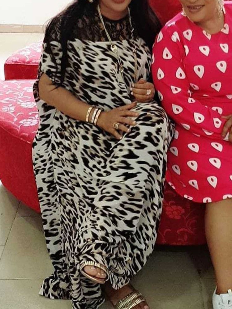 Vestido Feminino De Patchwork Meia Manga Até O Chão Asa De Morcego Leopardo
