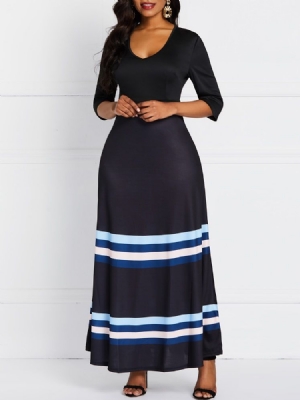 Vestido Feminino De Patchwork Na Altura Do Tornozelo Manga Três Quartos Casual Corte A