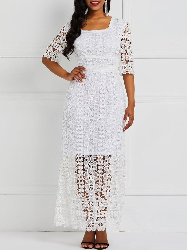 Vestido Feminino De Renda Até O Tornozelo E Pulôver Liso Liso
