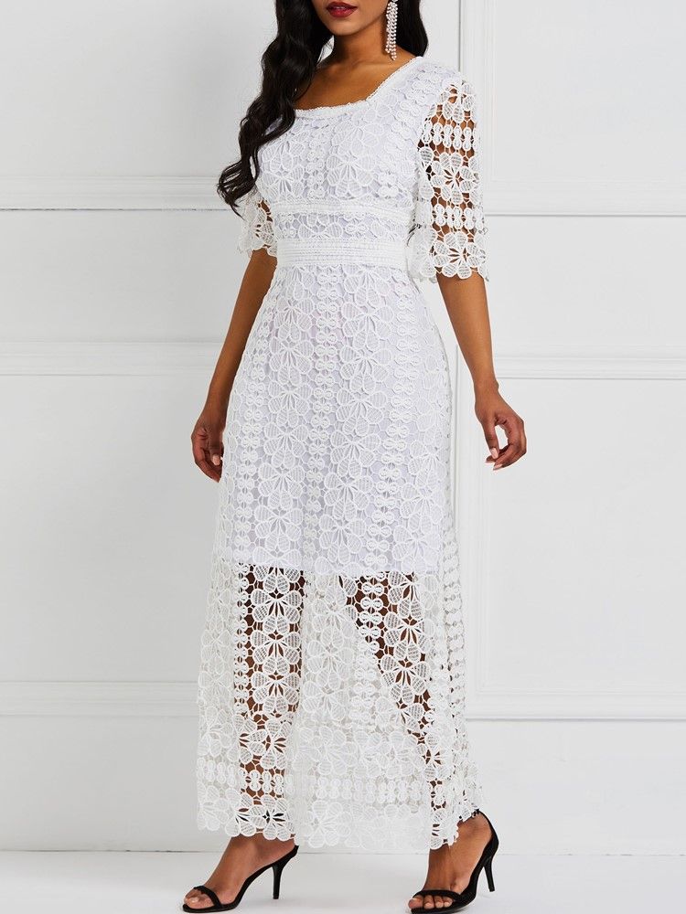 Vestido Feminino De Renda Até O Tornozelo E Pulôver Liso Liso