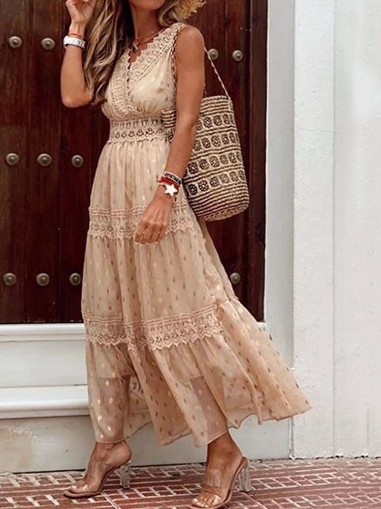 Vestido Feminino De Renda Com Decote Em V Sem Mangas Para Encontro À Noite Com Bolinhas