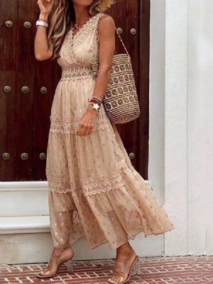 Vestido Feminino De Renda Com Decote Em V Sem Mangas Para Encontro À Noite Com Bolinhas