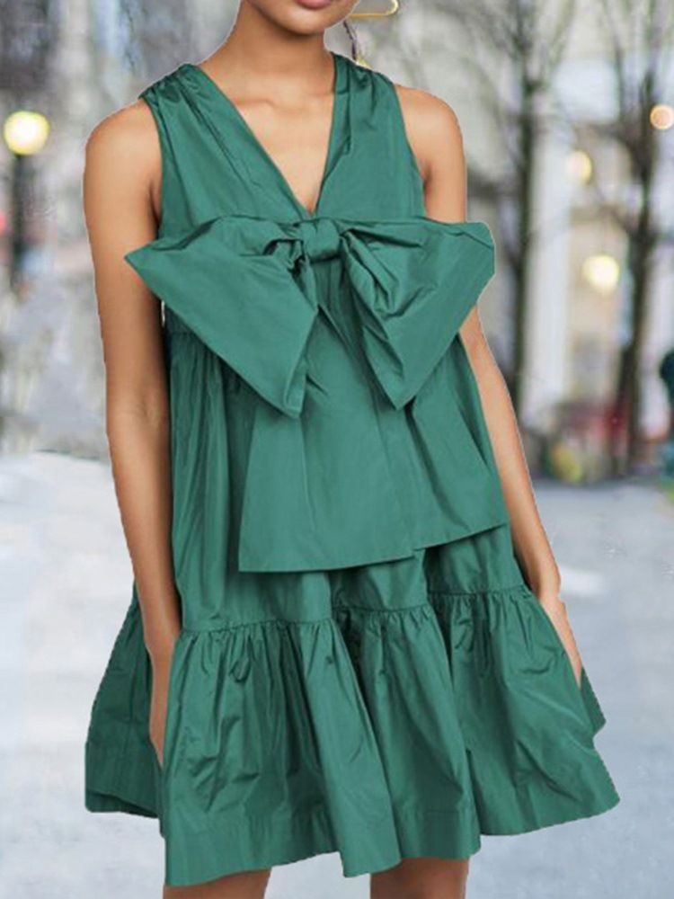 Vestido Feminino Sem Mangas Acima Do Joelho Bowknot Linha A Cintura Baixa