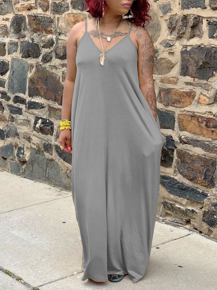 Vestido Feminino Sem Mangas Com Alça Espaguete De Verão Até O Chão