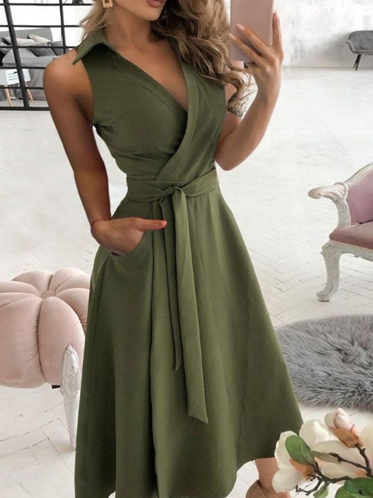 Vestido Feminino Sem Mangas Com Renda Média Na Panturrilha E Cintura Média