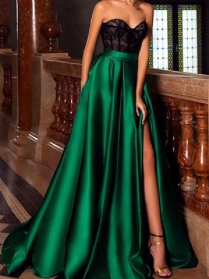Vestido Feminino Sem Mangas Dividida Na Cintura Alta Até O Chão
