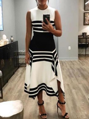 Vestido Feminino Sem Mangas Dividido Em Volta Do Pescoço Com Listras De Verão