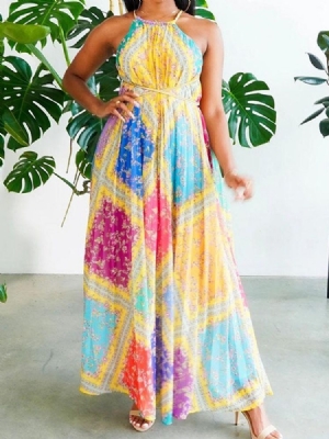 Vestido Feminino Sem Mangas Em Patchwork Colorido Até O Chão