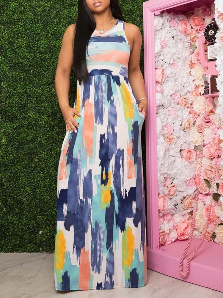 Vestido Feminino Sem Mangas Estampado Até O Chão Pulôver De Cintura Alta