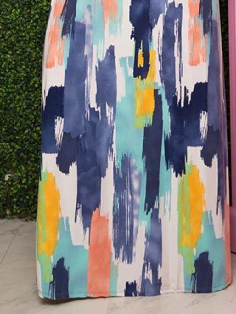 Vestido Feminino Sem Mangas Estampado Até O Chão Pulôver De Cintura Alta