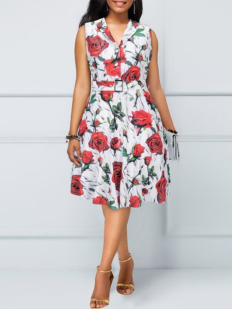 Vestido Feminino Sem Mangas Estampado Em Linha A Vintage
