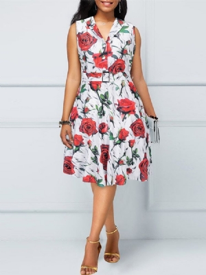 Vestido Feminino Sem Mangas Estampado Em Linha A Vintage