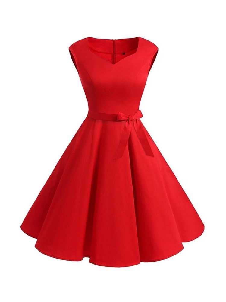 Vestido Feminino Sem Mangas Na Altura Do Joelho Bowknot Pregueado Em Linha A