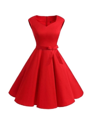 Vestido Feminino Sem Mangas Na Altura Do Joelho Bowknot Pregueado Em Linha A