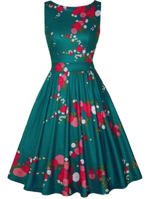 Vestido Feminino Sem Mangas Na Altura Do Joelho Em Volta Do Pescoço Em Linha A Floral