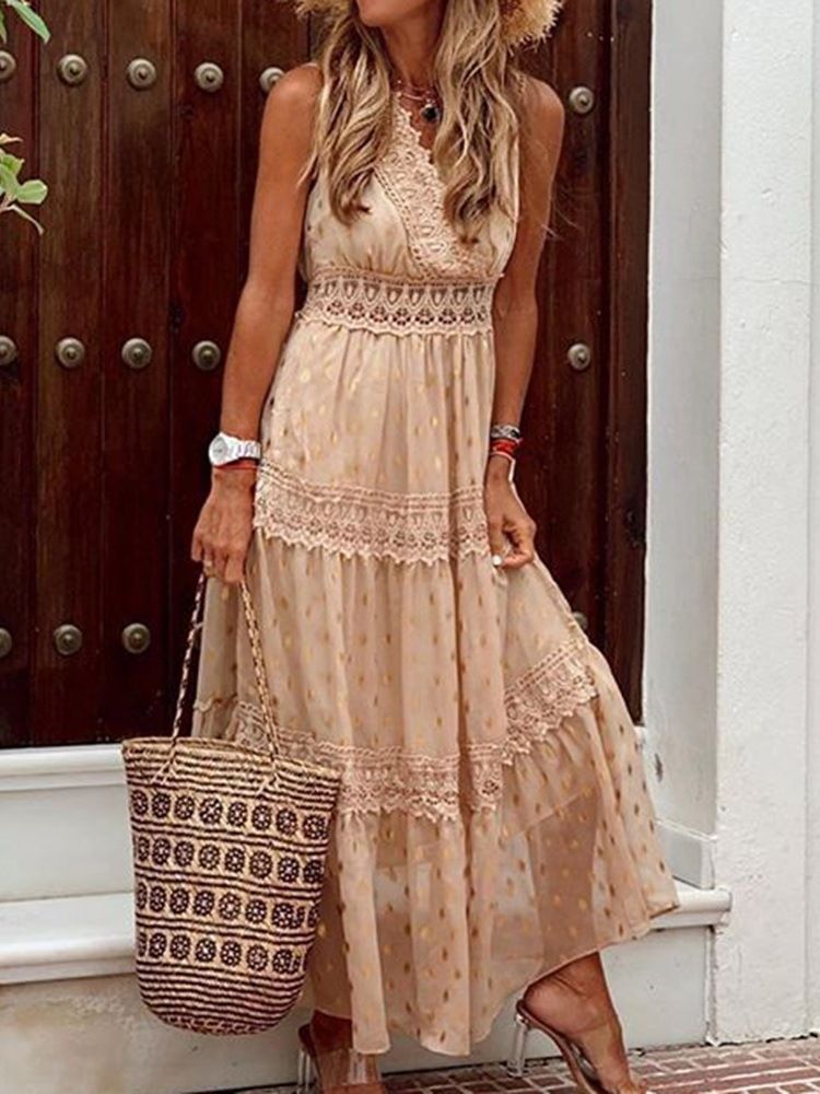 Vestido Feminino Sem Mangas Na Altura Do Tornozelo Pulôver Às Bolinhas