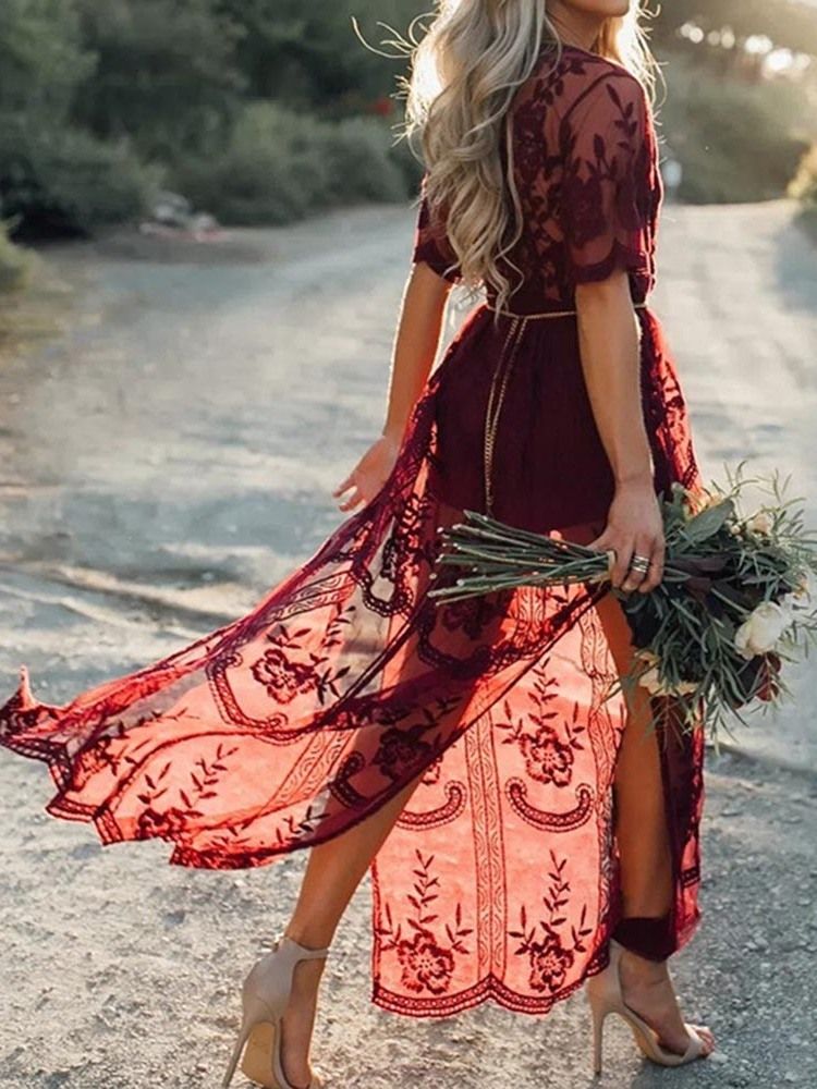 Vestido Feminino Transparente De Manga Curta De Renda Na Altura Do Tornozelo Com Decote Em V