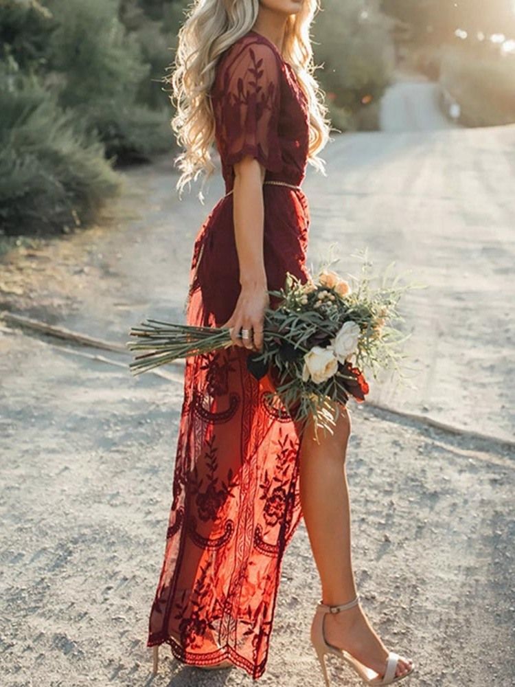 Vestido Feminino Transparente De Manga Curta De Renda Na Altura Do Tornozelo Com Decote Em V